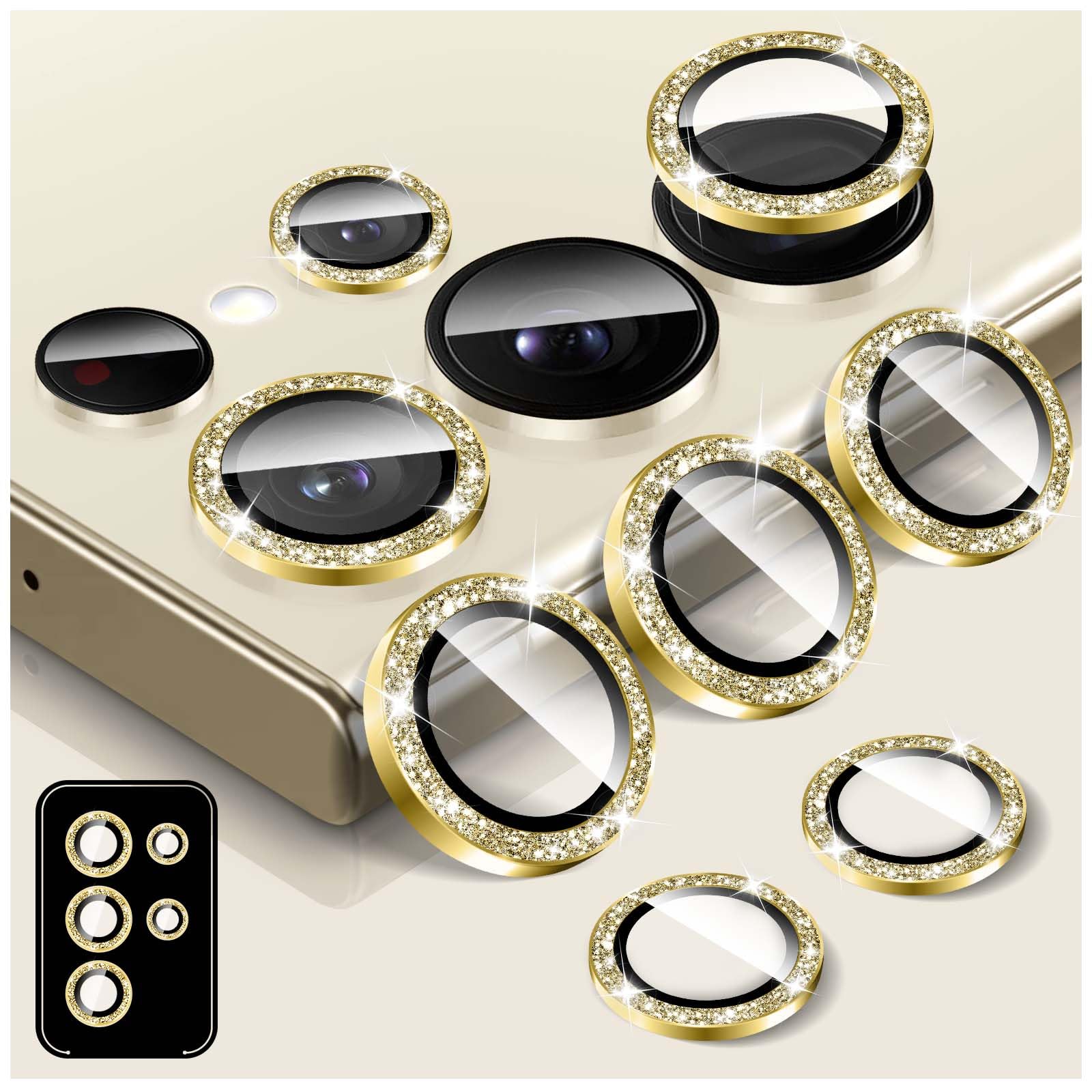 【送料無料】Samsung Galaxy S24 Ultra用キラキラカメラレンズプロテクター、LucBuy 9H強化ガラスカメラカバースクリーンプロテクター、グリッター簡単にインストールできます自動調整個別メタルリングフィルムステッカー電話アクセサ サイズ：Samsung Galaxy S25 Ultra