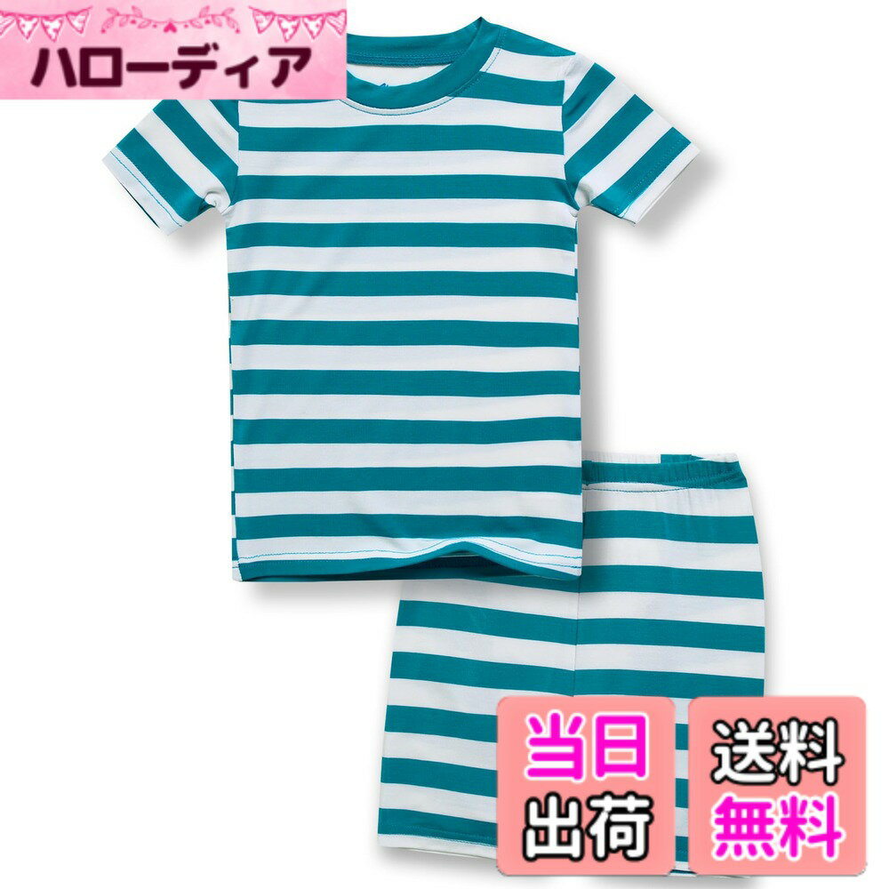【送料無料】[Vaenait Baby] 6ヶ月-12歳 ベビー キッズ 子供 女の子 男の子 半袖 パジャマ ボーダー ストライプ ビスコース 夏ショットルームウェア 上下セット 色：C08-Simple Whitepeacock、サイズ：90
