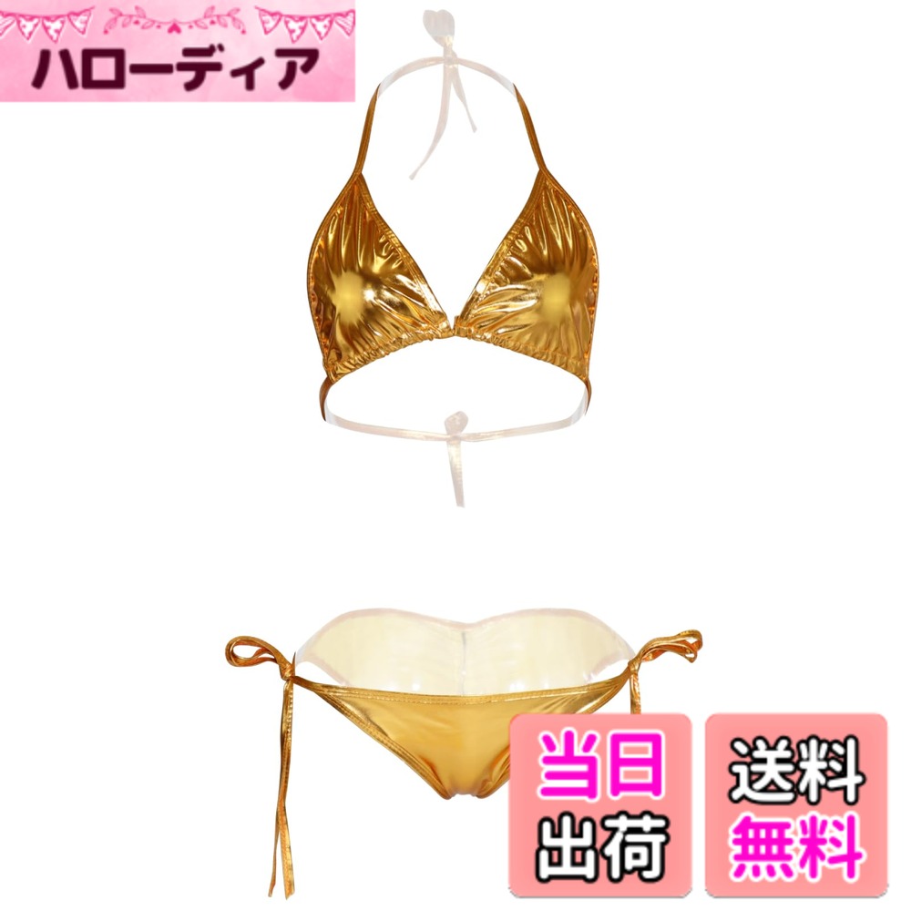 【送料無料】[ブラックオーメン] ビキニ 光沢 メタリック セクシー サテン ホルダー レディース ホルターネック bs216 色：1023A-金色（ゴールド）、サイズ：Free Size