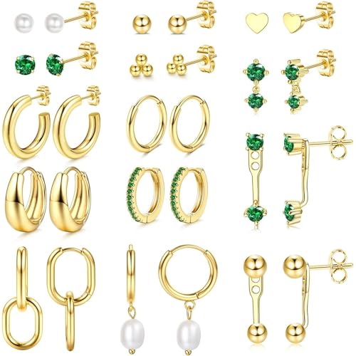 【送料無料】Jstyle 14ペア ピアス レディース ゴールド エメラルド スタッドピアス フープ 小さめ 複..