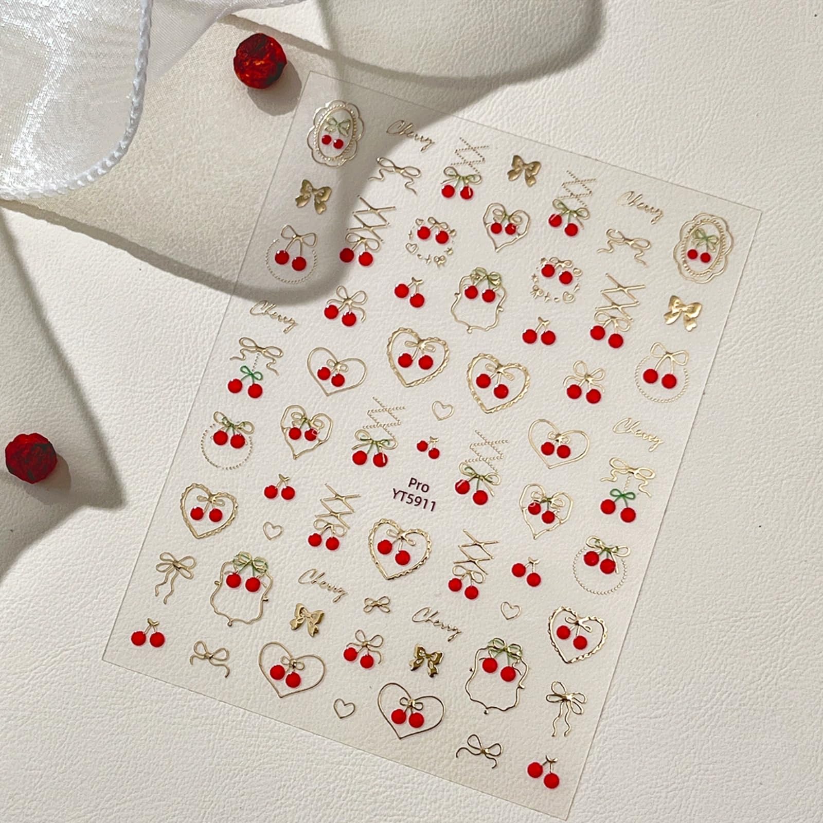 【送料無料】EZ PEACH ネイルシール リボン ネイルステッカー リボン 立体 さくらんぼ 可愛い ネイル用シール 3d 透明 蝶結び 自己粘着 色：さくらんぼ/Gold