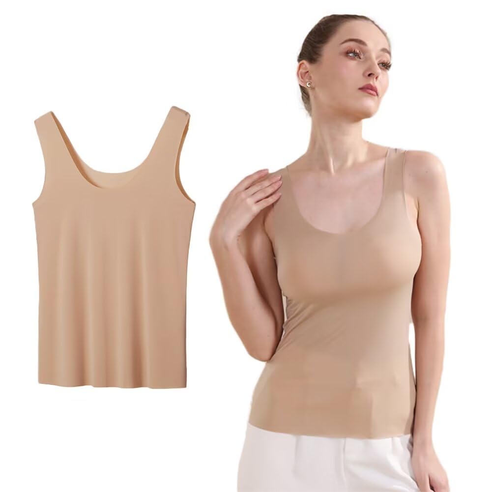 【送料無料】[Eukkis] 0.1mm極薄 ひんやり涼感ノンシームタンクトップインナーM~3XL 吸汗速乾 透け防止 接触冷感 レディース下着 大きいサイズ 色：ダークスキン ロング丈（透け防止指数90％）、サイズ：3XL