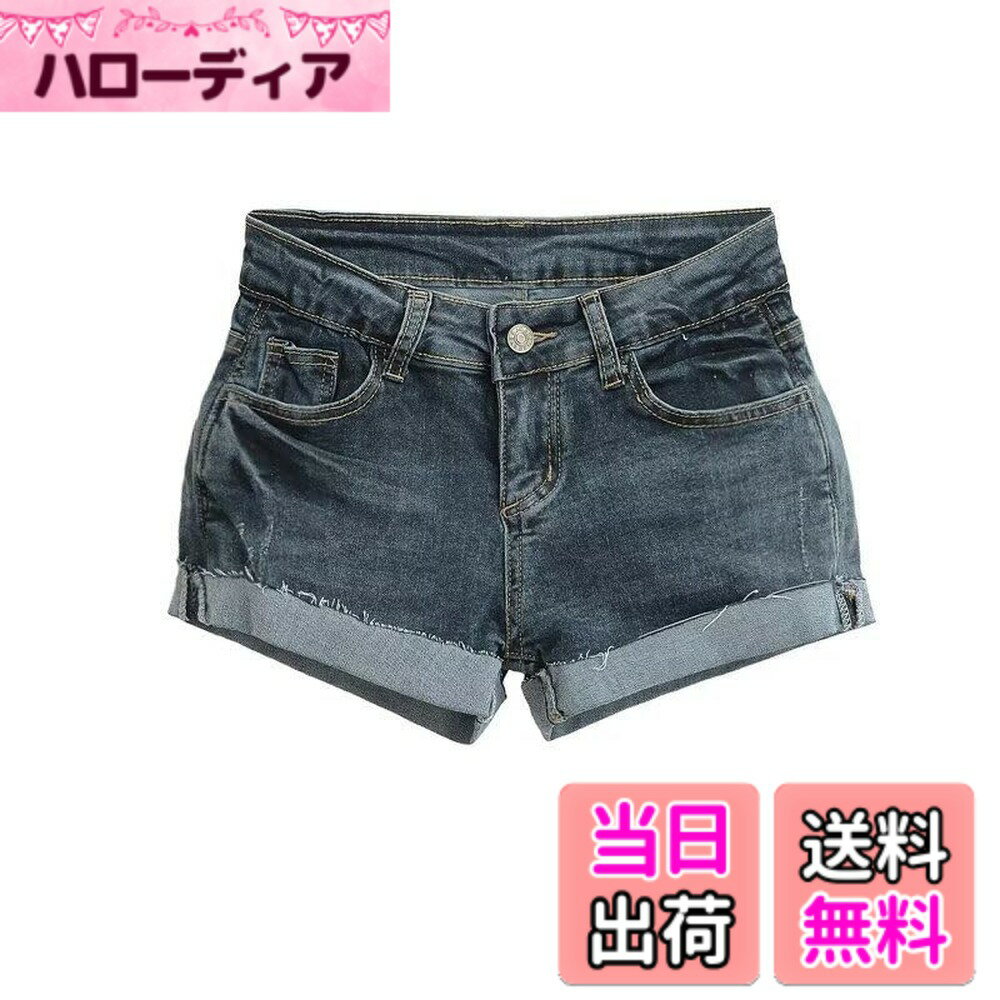 【送料無料】mini 人気 デニムショートパンツ ミニパンツ ロールアップ タイト ハーフパンツ ホットパンツ 折裾 ジーンズ ポケット デニム ハイウエスト スリムフィット 無地 ZSY065 色：ブルー、サイズ：L