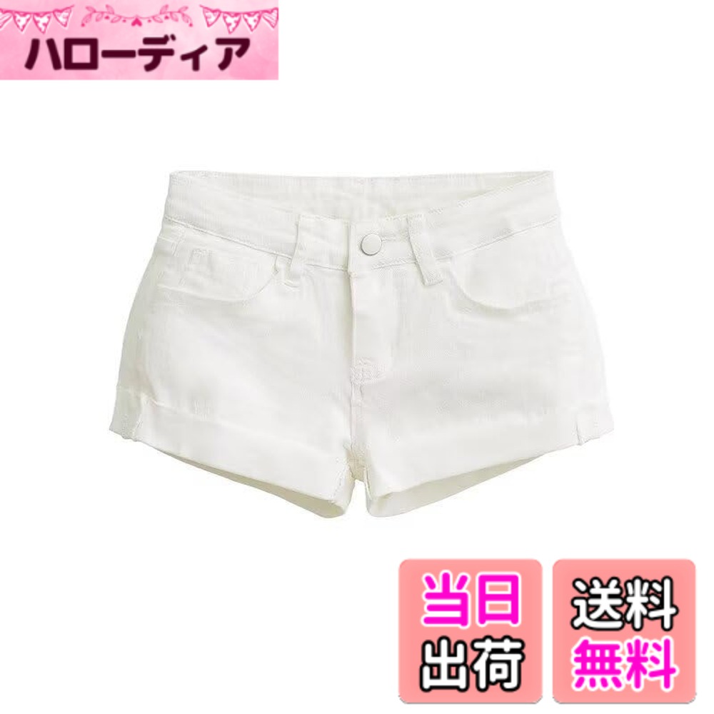 【送料無料】mini 人気 デニムショートパンツ ミニパンツ ロールアップ タイト ハーフパンツ ホットパンツ 折裾 ジーンズ ポケット デニム ハイウエスト スリムフィット 無地 ZSY065 色：ホワイト、サイズ：L