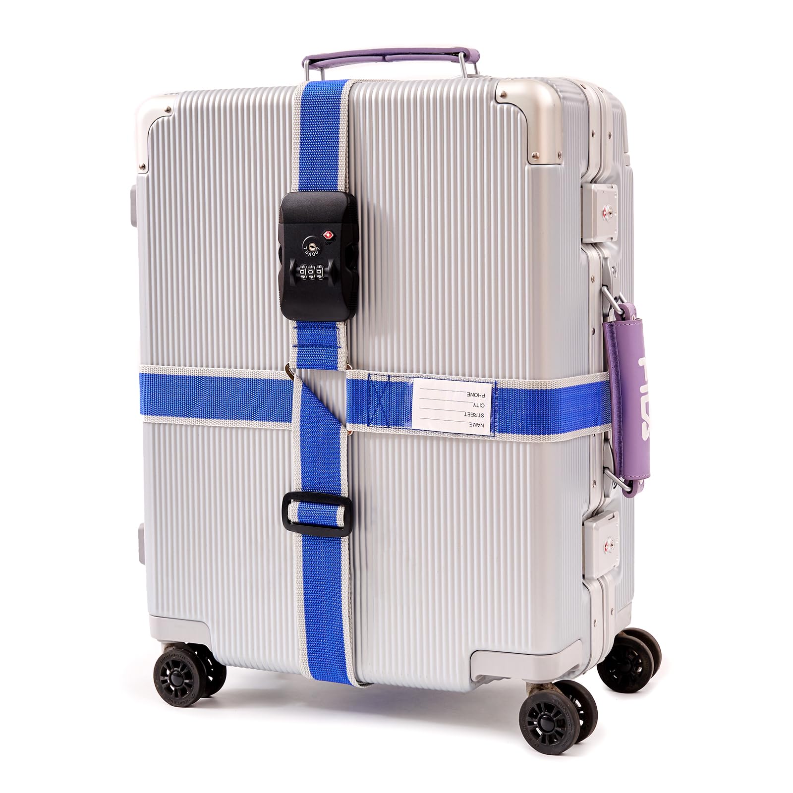 【送料無料】MiyabiLife スーツケースベルト TSAロック付き キャリーケース ベルト 荷物固定ベルト 色：ブルーxグレー、サイズ：十字型(三角リング式)