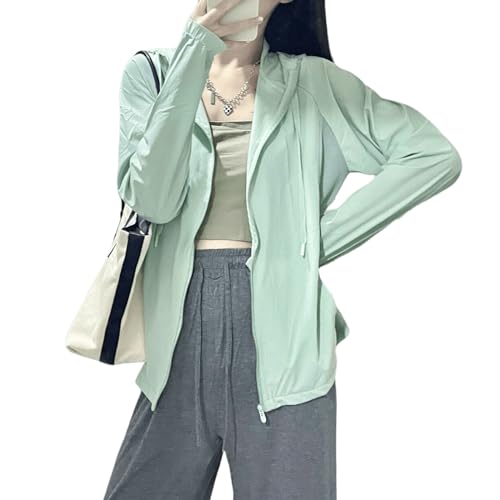 【送料無料】[xppe] UVカット ラッシュガードシャツ レディース カーディガン トップス 切り替え 長袖 ジッパー フード付き ポケット付き 薄手 通気速乾 ゆったり 重ね着 日焼け防止 水着 夏 秋 色：グリーン、サイズ：L