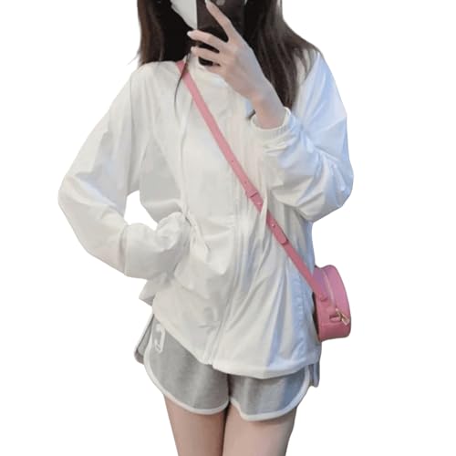 【送料無料】[xppe] UVカット ラッシュガードシャツ レディース カーディガン トップス 切り替え 長袖 ジッパー フード付き ポケット付き 薄手 通気速乾 ゆったり 重ね着 日焼け防止 水着 夏 秋 色：ホワイト、サイズ：XL