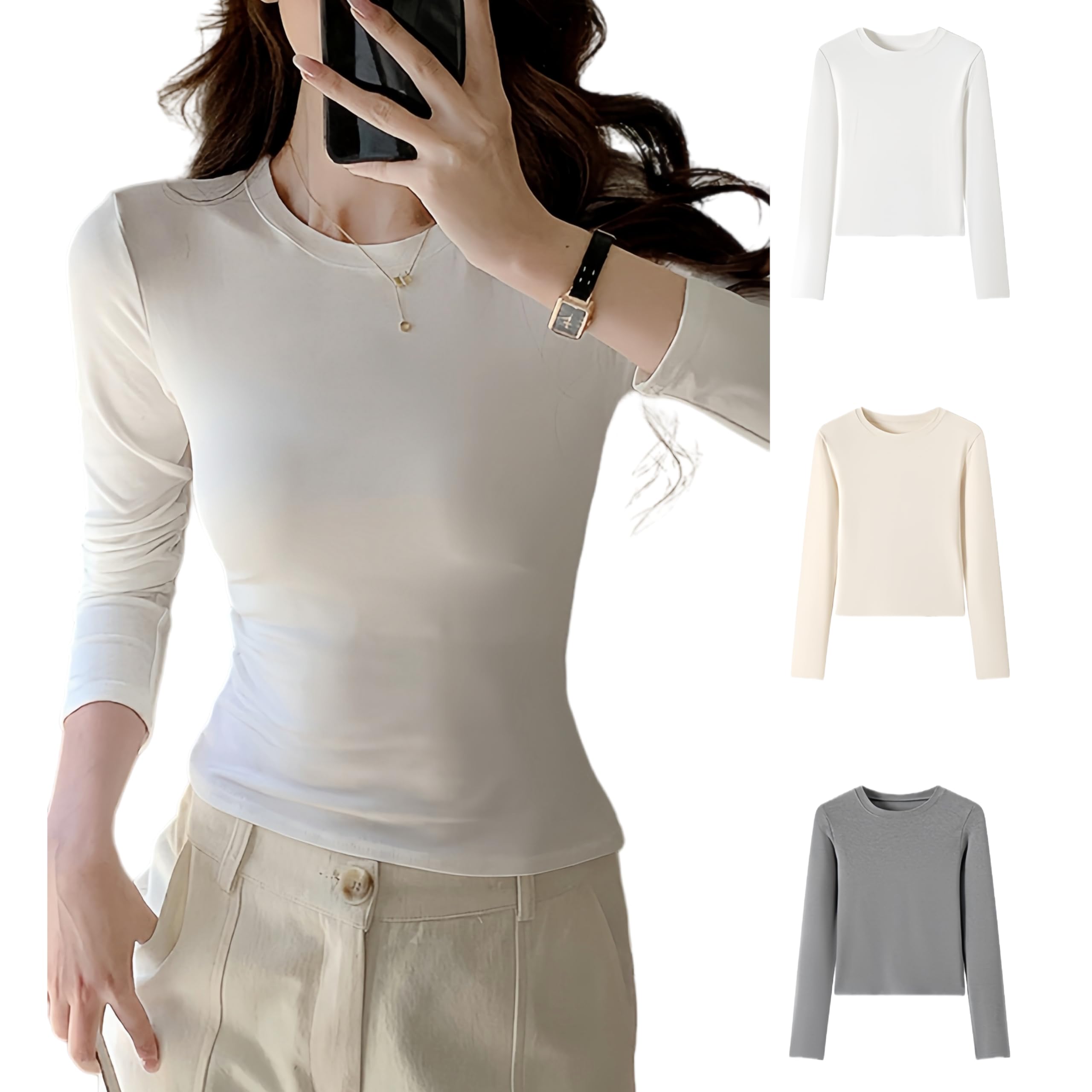 【送料無料】[KOEKOI] Tシャツ カットソー 長袖 レディース トップス インナーシャツ シンプル 着痩せ お出かけ 丸首 無地 ショートtシャツ 夏 秋 大きいサイズ 長袖シャツ 重ね着 色：ホワイト、サイズ：L