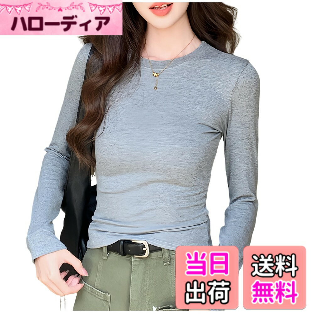 【送料無料】[KOEKOI] Tシャツ カットソー 長袖 レディース トップス インナーシャツ シンプル 着痩せ お出かけ 丸首 無地 ショートtシャツ 夏 秋 大きいサイズ 長袖シャツ 重ね着 色：グレー、サイズ：L