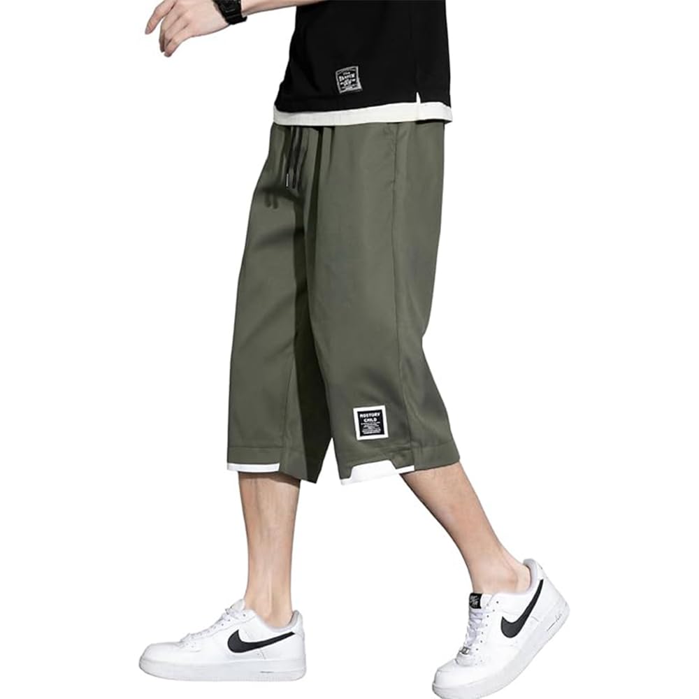 【送料無料】[fyetemon] メンズ ショートパンツ 5分丈 ワイド 大きいサイズ ゆったり カジュアルパンツ ウエストゴム 多ポケット 通気性 夏用 シンプル 無地 色：グリーン、サイズ：XL