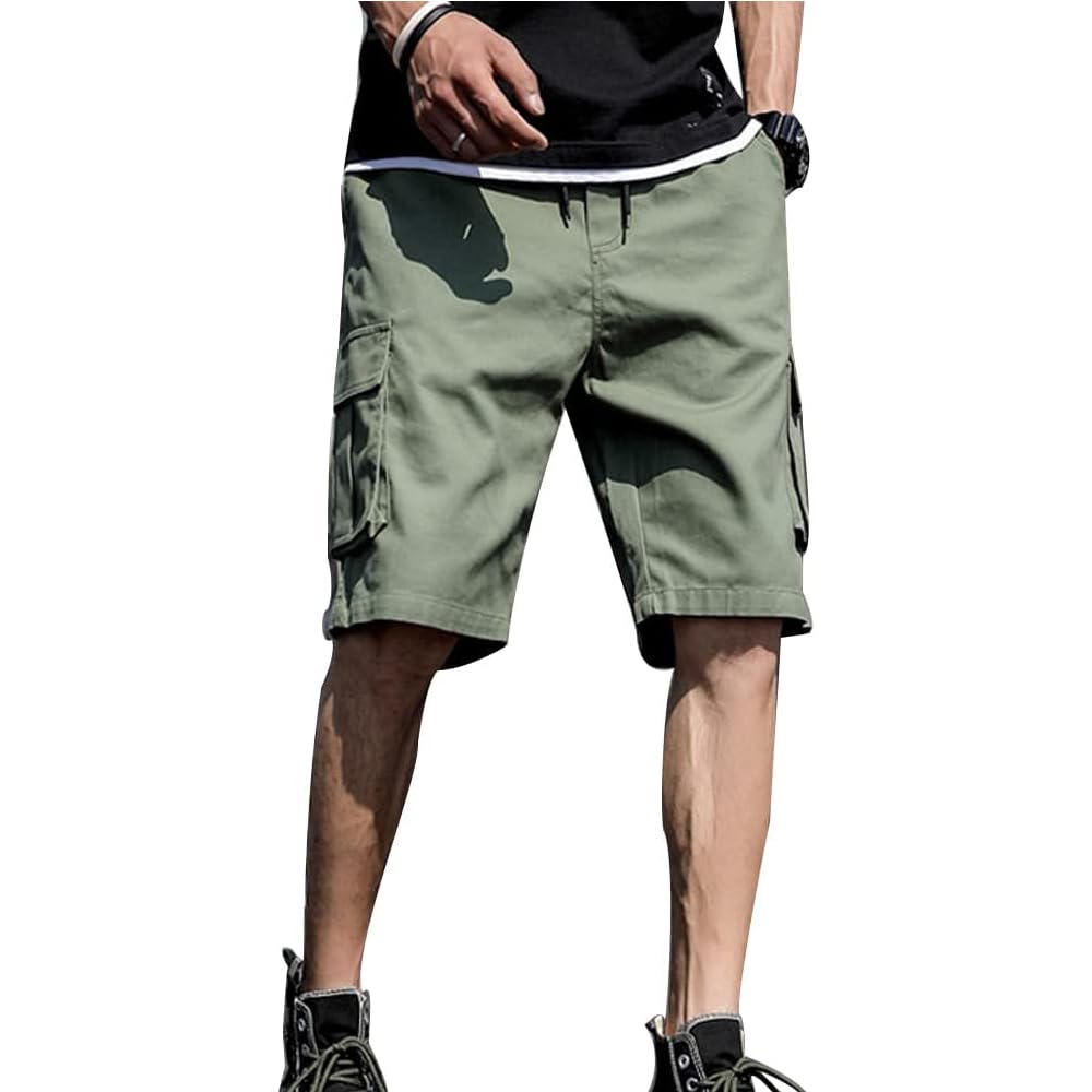 【送料無料】fyetemonメンズ カーゴショートパンツ 5分丈 大きいサイズ ゆったり ショーツ ウエストゴム 多ポケット ワークパンツ カジュアル 夏用 色：グリーン、サイズ：L