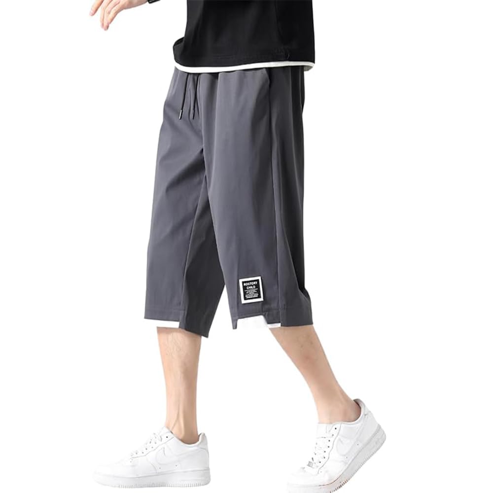 【送料無料】[fyetemon] メンズ ショートパンツ 5分丈 ワイド 大きいサイズ ゆったり カジュアルパンツ ウエストゴム 多ポケット 通気性 夏用 シンプル 無地 色：グレー、サイズ：M