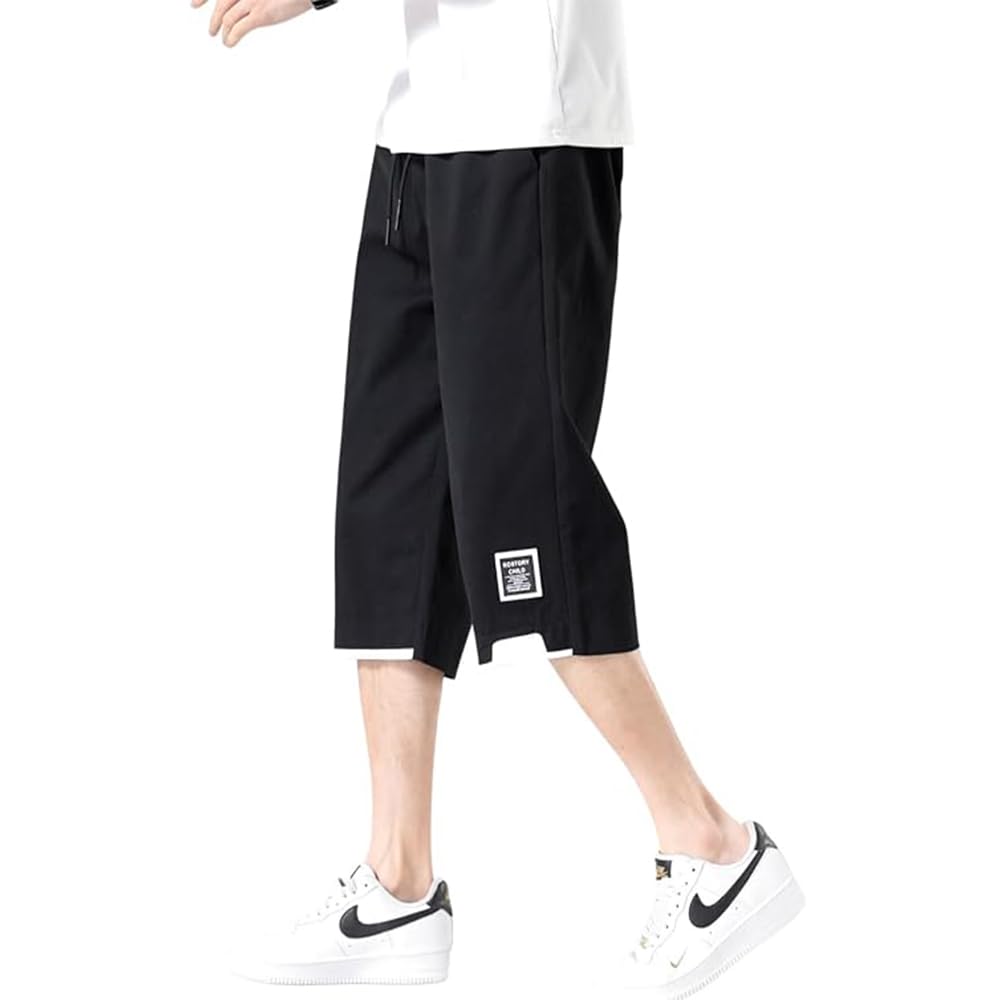 【送料無料】[fyetemon] メンズ ショートパンツ 5分丈 ワイド 大きいサイズ ゆったり カジュアルパンツ ウエストゴム 多ポケット 通気性 夏用 シンプル 無地 色：ブラック、サイズ：L