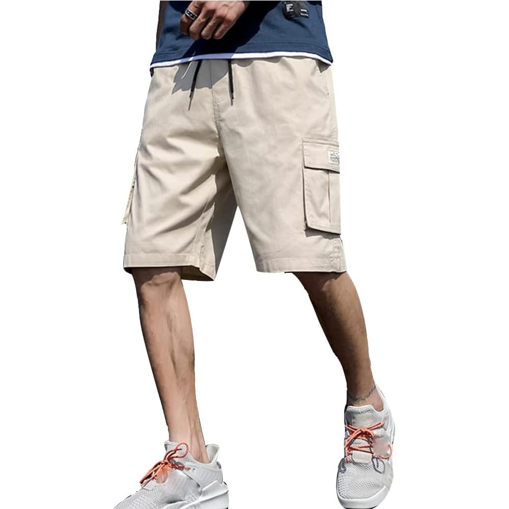 【送料無料】fyetemonメンズ カーゴショートパンツ 5分丈 大きいサイズ ゆったり ショーツ ウエストゴム 多ポケット ワークパンツ カジュアル 夏用 色：カーキ、サイズ：M