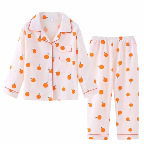 【送料無料】[MOE2HUO] キッズパジャマ カーディガン長袖 上下セット 男女子供用 冷房服 中大童親子服 部屋着可愛い パジャマ カジュアル 春夏秋冬 女の子パジャマ 100-170cm 色：オレンジ、サイズ：120