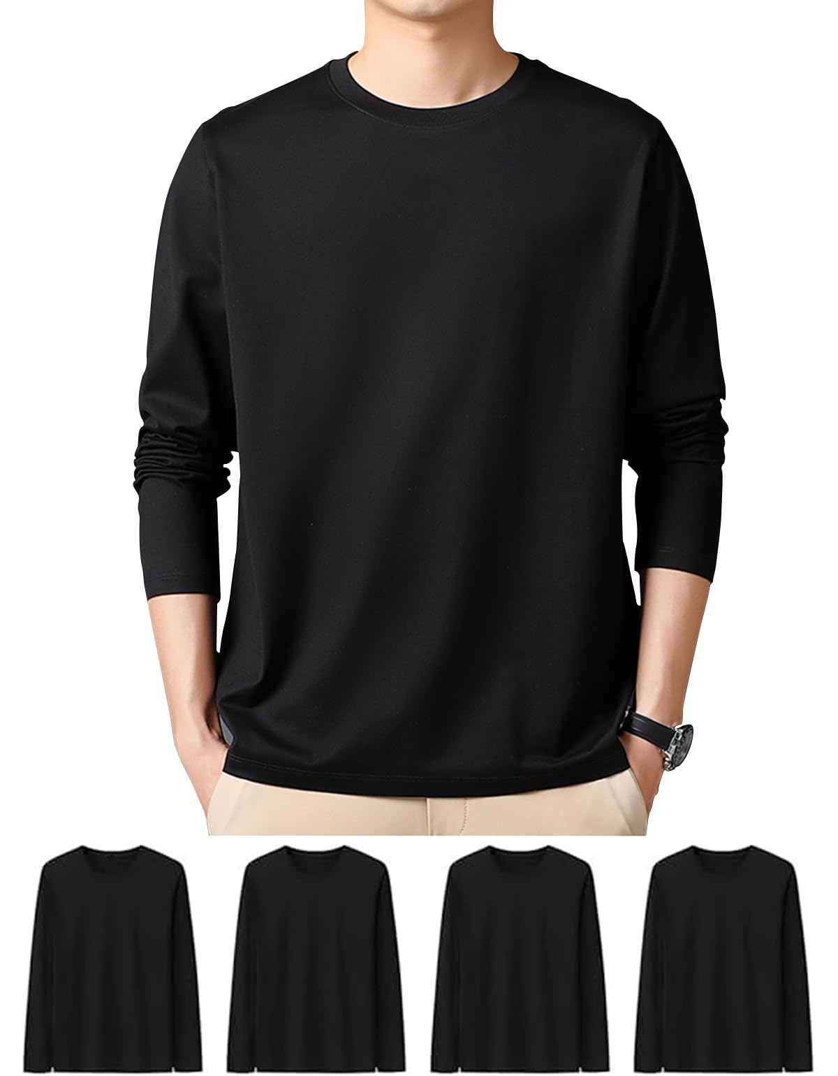 【送料無料】[SIPERLARI] 長袖tシャツ インナーシャツ メンズ 4点セット無地 肌着 長袖 綿100% 吸汗速乾 通気性 大きい サイズ スポーツ 丸首 防菌防臭 柔らかい 快適 20代 30代 40代 50代 60代 M-2XL 色：ブラック、サイズ：2XL