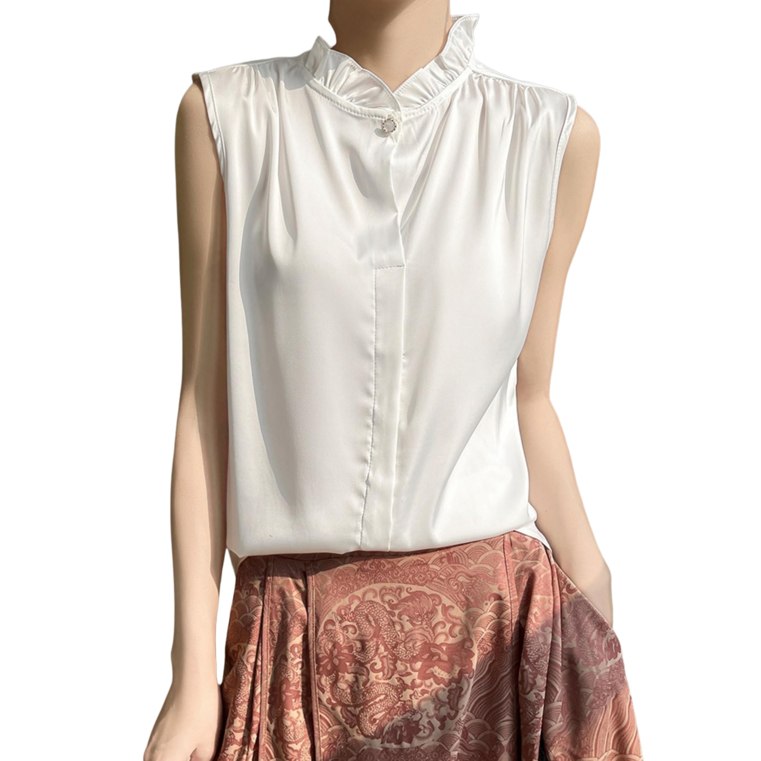 【送料無料】[KOEKOI] ノースリーブ ブラウス 襟付き フリルネック タンクトップ レディース ハイネック カットソー トップス ビジネス フリル つけ襟 レイヤード 重ね着 付け襟 タートルネック 韓国 無地 インナー Tシャツ オフィス 通勤 色：ホワイト、サイズ：2XL