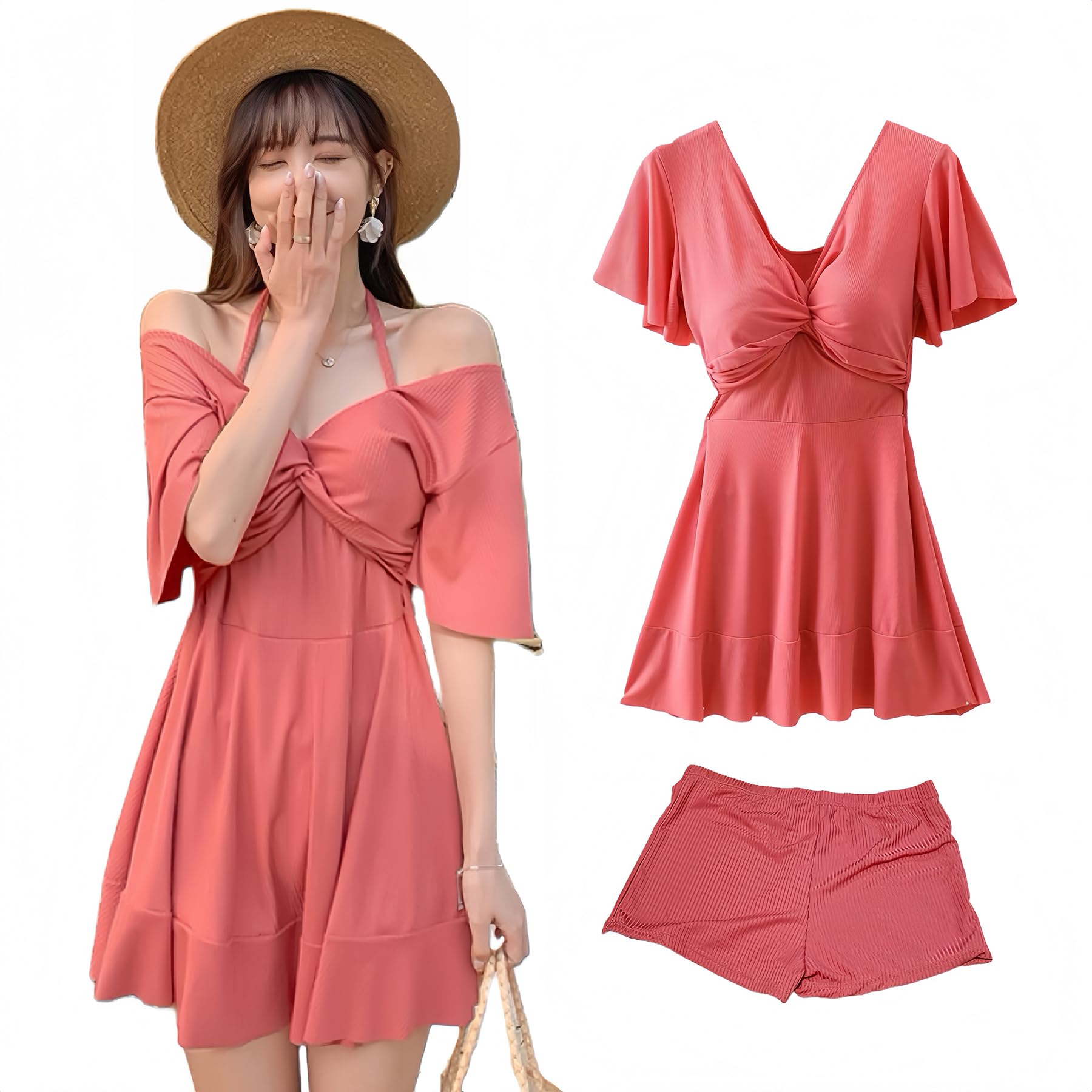 【送料無料】[Lalapala] 水着 レディース ワンピース 2点セット 体型カバー 大きいサイズ 黒 セクシー オフショルダー 肩出し 2way 着痩せ 盛れる 韓国 軽量 大人 ショーツ ワイヤー入り フレア 露出控えめ 可愛い ママ水着 色：ピンク、サイズ：XL