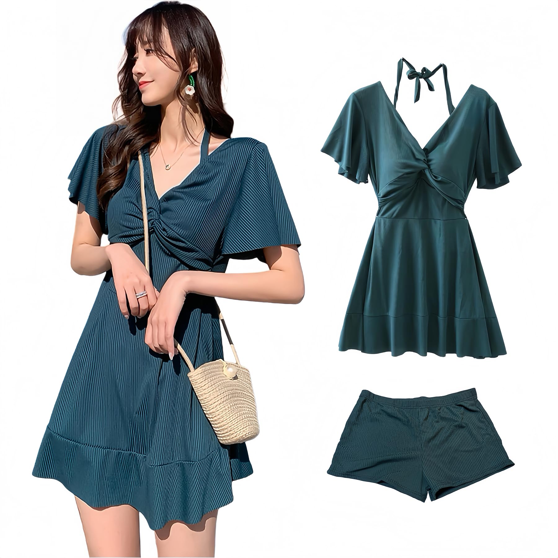 【送料無料】[Lalapala] 水着 レディース ワンピース 2点セット 体型カバー 大きいサイズ 黒 セクシー オフショルダー 肩出し 2way 着痩せ 盛れる 韓国 軽量 大人 ショーツ ワイヤー入り フレア 露出控えめ 可愛い ママ水着 色：グリーン、サイズ：L