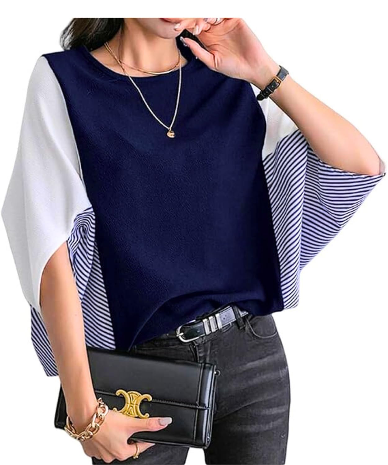 【送料無料】[Dep Club] ドルマンスリーブ オフィスカジュアル レディース ドルマントップス 七分袖 ビッグtシャツ ブラウス カットソー 大きいサイズ ゆったり 体型カバー 着痩せ 7分袖 春 夏 秋 色：ネイビー、サイズ：2XL