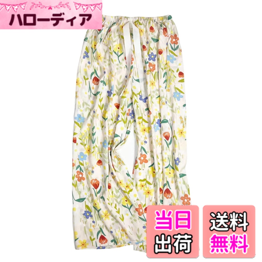 乐天商城 - 【送料無料】[Moerstar] ルームパンツ レディース パジャマボトム レーヨン 夏 ゆったり 体型カバー 部屋着 ヨガパンツ ナイトウェアボトム リラックス ハワイアン風 Free size 色：アンズ小花柄（ワイドタイプ）、サイズ：Free Size