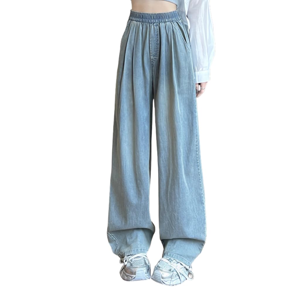 【送料無料】[Xingxin] ワイドパンツ デニム ジーンズ レディース 通勤 普段着 夏 春 秋 ロングパンツ ズボン ゆったり 美脚 脚長 着痩せ 色：ブルー、サイズ：L