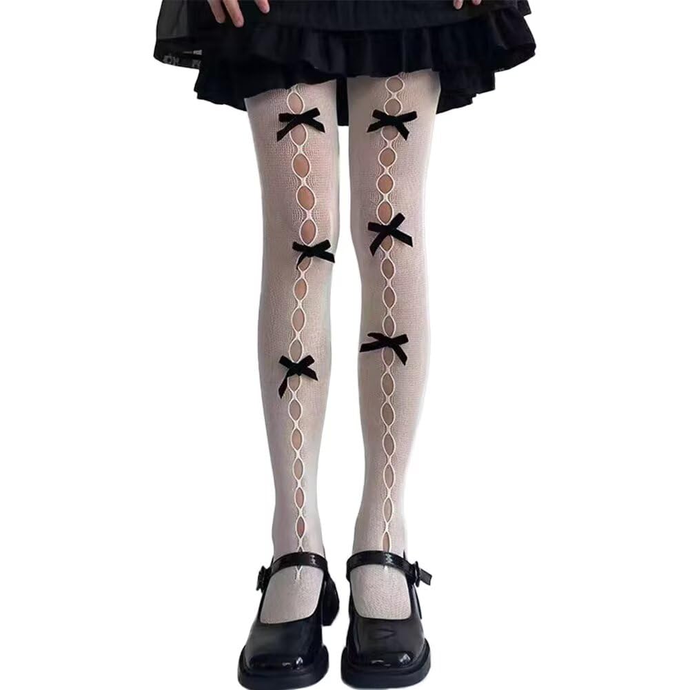 【送料無料】[Eukkis] 春夏薄手シースルー UVカット パンティストッキング 肌ざわりナイロンストッキングレディース 可愛いロリター タイツ 10デニール セクシー 靴下 透かし ズリ落ちにくい 色：3つリボン付き ホワイト、サイズ：Free Size
