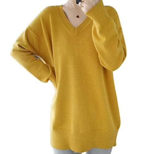 【送料無料】[xppe] 今季はベストブームの予感 秋冬 ロング ニットトップス セーター レディース 長袖 Vネック可愛い 着痩せ ゆったり しんさく 品UP! 色：きいろ、サイズ：L