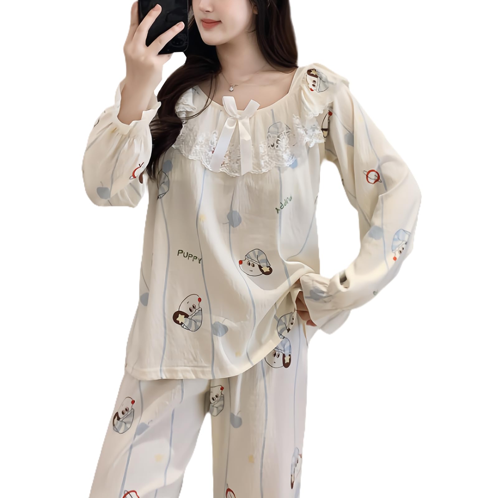 【送料無料】[Narebualo Cietupoop] パジャマ レディース 長袖 2点セットパジャマ- ロングスタイル リボン フリル襟 かわいい ルームウェア ファッション ゆったり ストライプ 胸パッド付き シンプル 寝間着 カジュアル 肌触りよい 春夏秋 色：ホワイト、サイズ：M