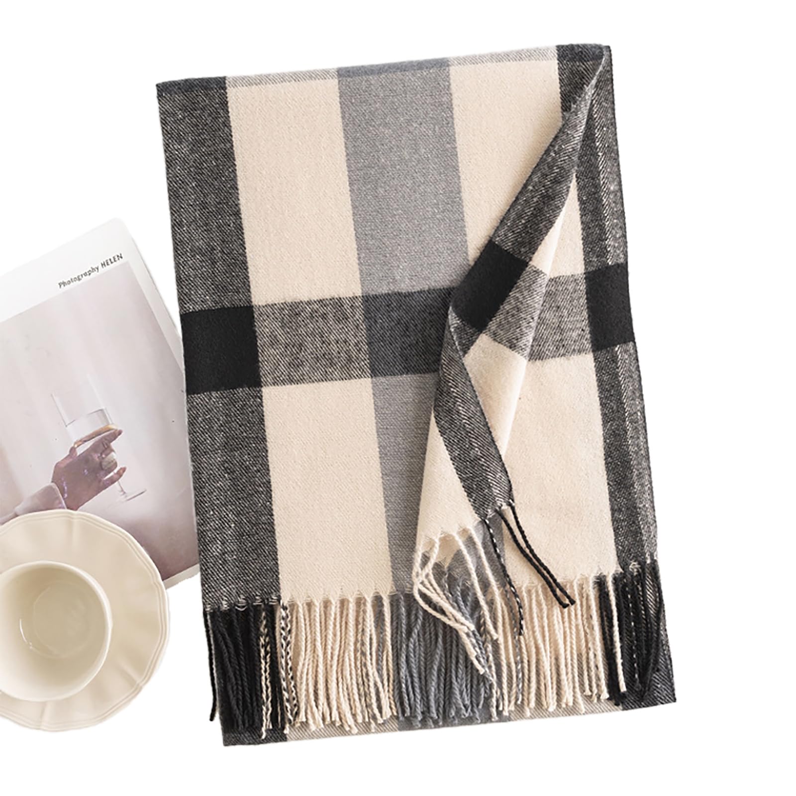 【送料無料】[LEZOOY] マフラー レディース 秋冬 やわらかい ストール 温かい 軽い 防風防寒 ネックウォーマー 厚手 マフラー 裏起毛 冷え対策 大判 ブロックチェック パーティー スキー アウトドア 通勤 登山 男女兼用 180*70CM 色：ダークグレー、サイズ：Free Size