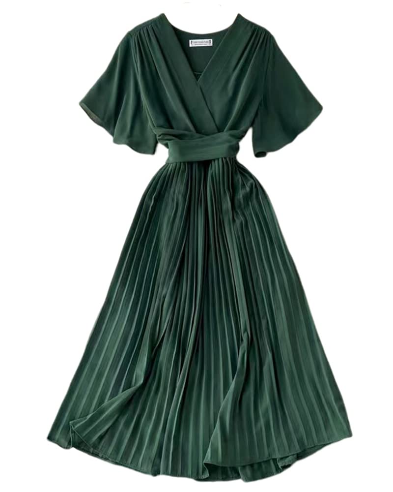 【送料無料】[Collecala] 夏ワンピース レディース大人ロングシャツワンピース プリーツスカート ミモレロングonepiece フレア半袖ドレス 韓国風ウエストリボンつきdress 9色展開 色：グリーン、サイズ：2XL