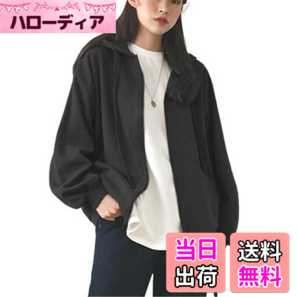 【送料無料】[Nestkanina] パーカー レディース トップス アウター ジップアップ フード ゆったり カジュアル SWT001 色：ブラック、サイズ：XL