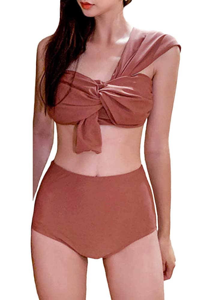 【送料無料】[Ressh.N] ビキニ 水着 レディース セパレート ワンショルダー ノン ワイヤー ハイウエスト 体型カバー 色：ローズピンク、サイズ：XL