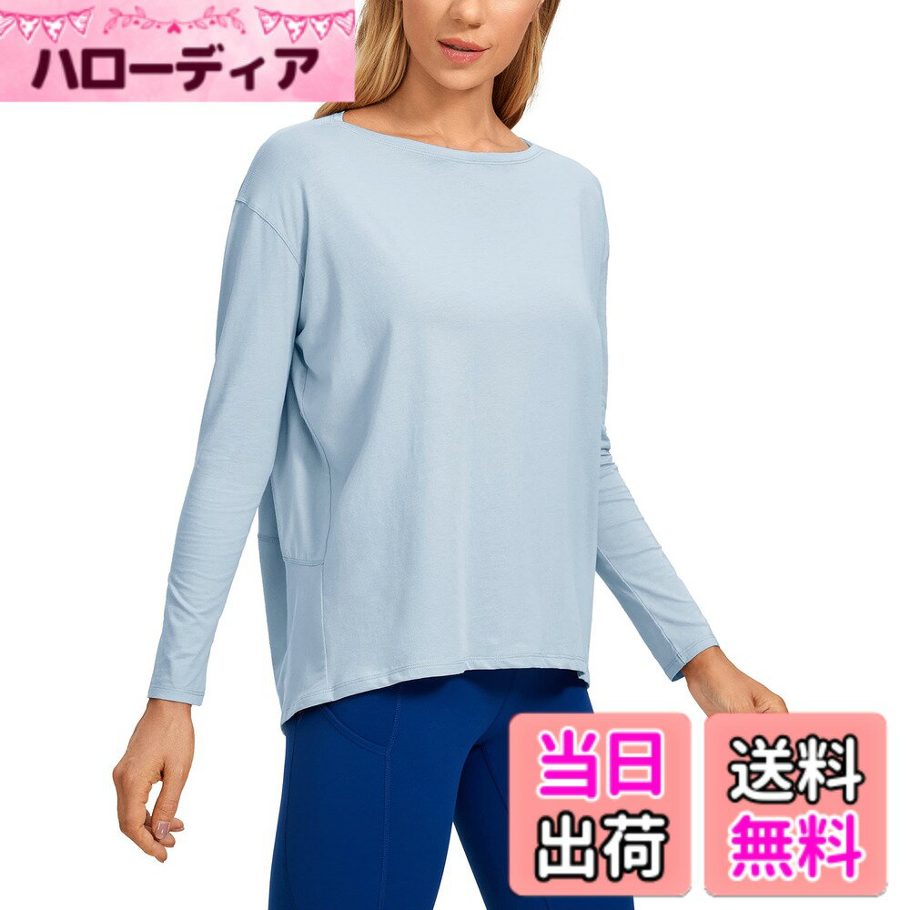 【送料無料】[CRZ YOGA] カットソー レディース 長袖 tシャツ ピマコットン ボートネック ベーシック ゆったり カジュアル ヨガウェア トップス 長袖 春 秋 色：ブルーリネン、サイズ：L Regular