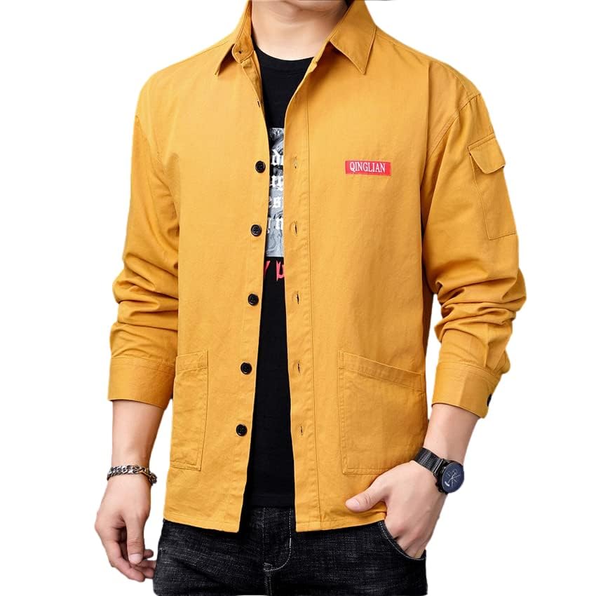 【送料無料】[Four leaf] おしゃれ ワークシャツ メンズ 長袖 トップス 大きいサイズ 春 秋 冬 カジュアル アウター シャツ シンプル 襟付き ダブルポケット 無地 綿 コットン 100 色：イエロー、サイズ：3XL