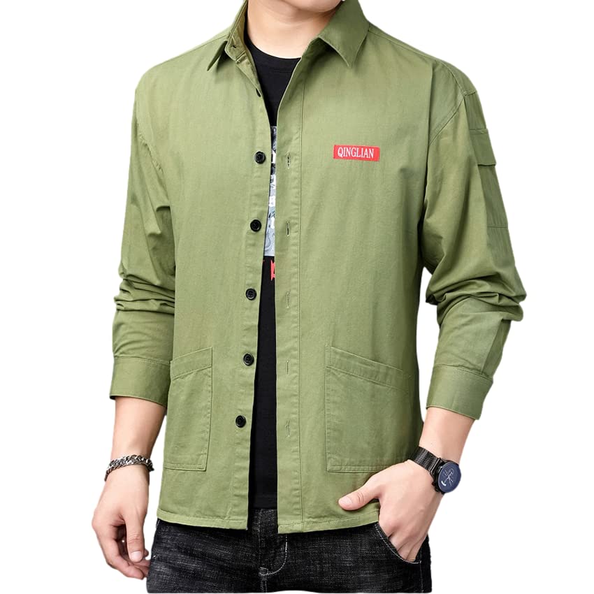 【送料無料】[Four leaf] おしゃれ ワークシャツ メンズ 長袖 トップス 大きいサイズ 春 秋 冬 カジュアル アウター シャツ シンプル 襟付き ダブルポケット 無地 綿 コットン 100 色：グリーン、サイズ：XL