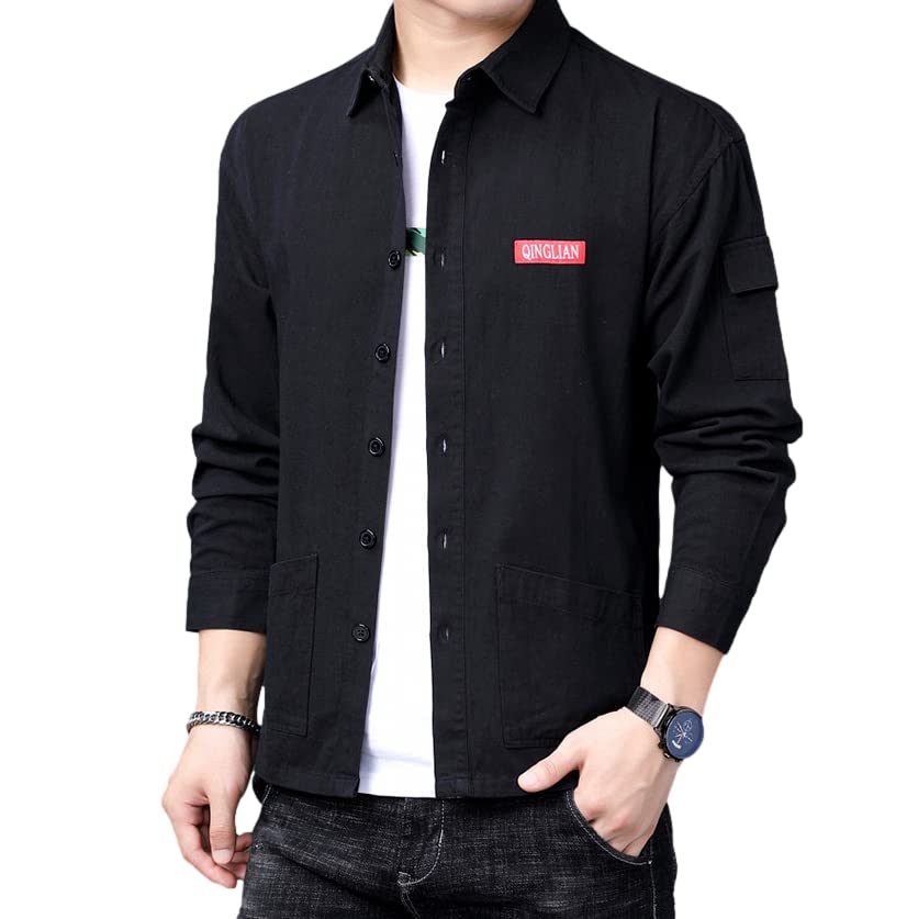 【送料無料】[Four leaf] おしゃれ ワークシャツ メンズ 長袖 トップス 大きいサイズ 春 秋 冬 カジュアル アウター シャツ シンプル 襟付き ダブルポケット 無地 綿 コットン 100 色：ブラック、サイズ：XL