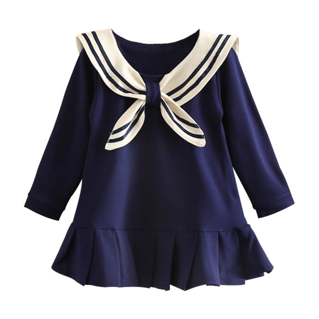 【送料無料】[LittleSpring] キッズ ワンピース 長袖 セーラー襟 プリーツ 切り替え フレア カジュアル..