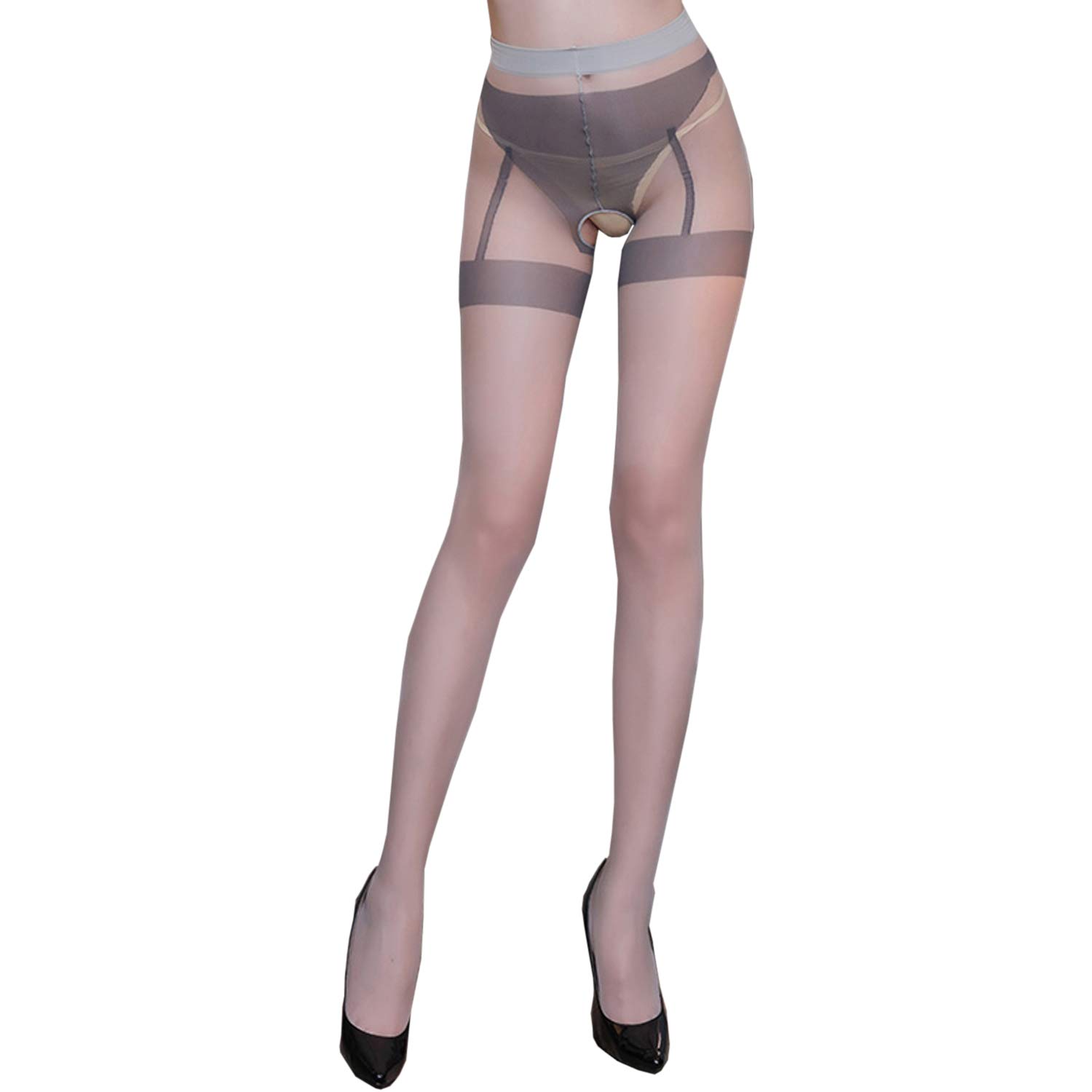 【送料無料】[Byuuu] レディースタイツフェイクガーター ストッキング 穴あき サイハイ柄タイツ 極薄 パンスト 美脚 美尻 パンティストッキング レディース セクシー 下着 色：グレー、サイズ：Free Size
