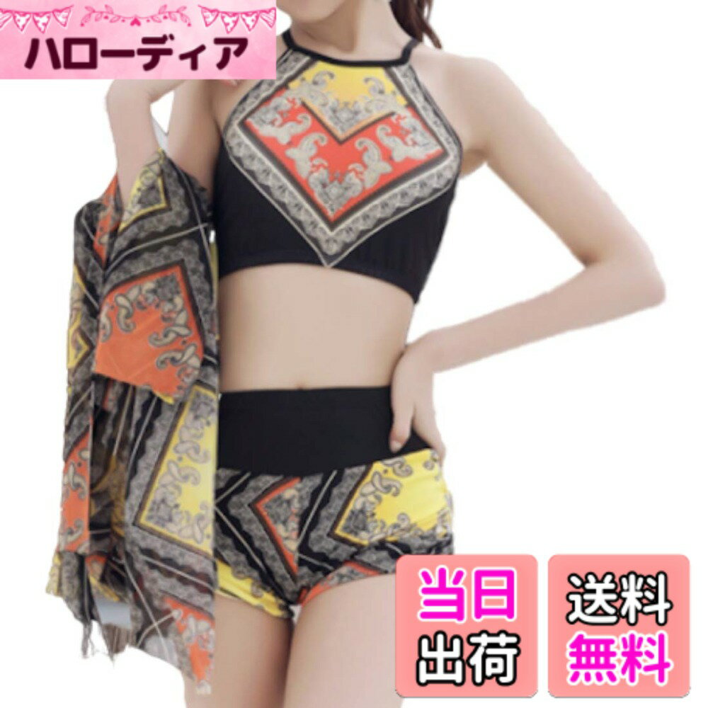 【送料無料】[GIVEK] タンキニ 3点 セット パレオ 付き レディース 水着 エスニック 柄 ホルターネック 体型 カバー 防水 ポーチ 付き 色：イエロー/オレンジ、サイズ：XL