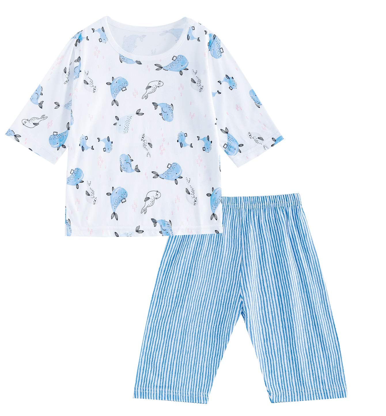 【送料無料】[Masonanic] (マソンナーニ ベビーパジャマ 子供 キッズ 半袖 肌着 男の子 七分袖 女の子 薄手 涼しい ルームウェア 上下 2点セット 涼感 色：サメ、サイズ：100