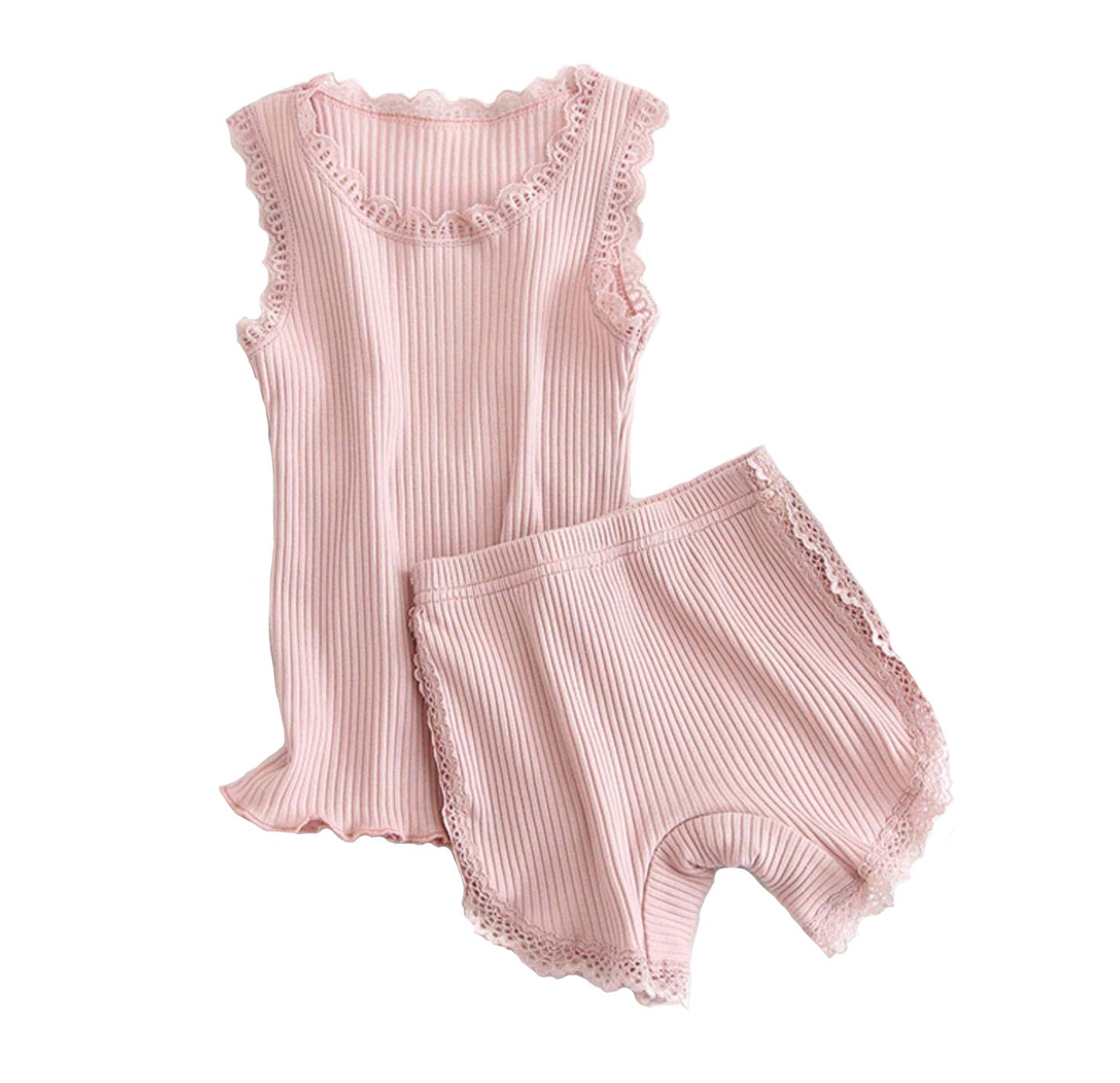 【送料無料】[VIISEN] 女の子 キャミソール タンクトップ+スパッツ オーバーパンツ 上下セット キッズ 女児 子供用 可愛い レース キャンディカラー 無地 部屋着 通学 100 110 120 130 140 150 160cm 色：ピンク、サイズ：140