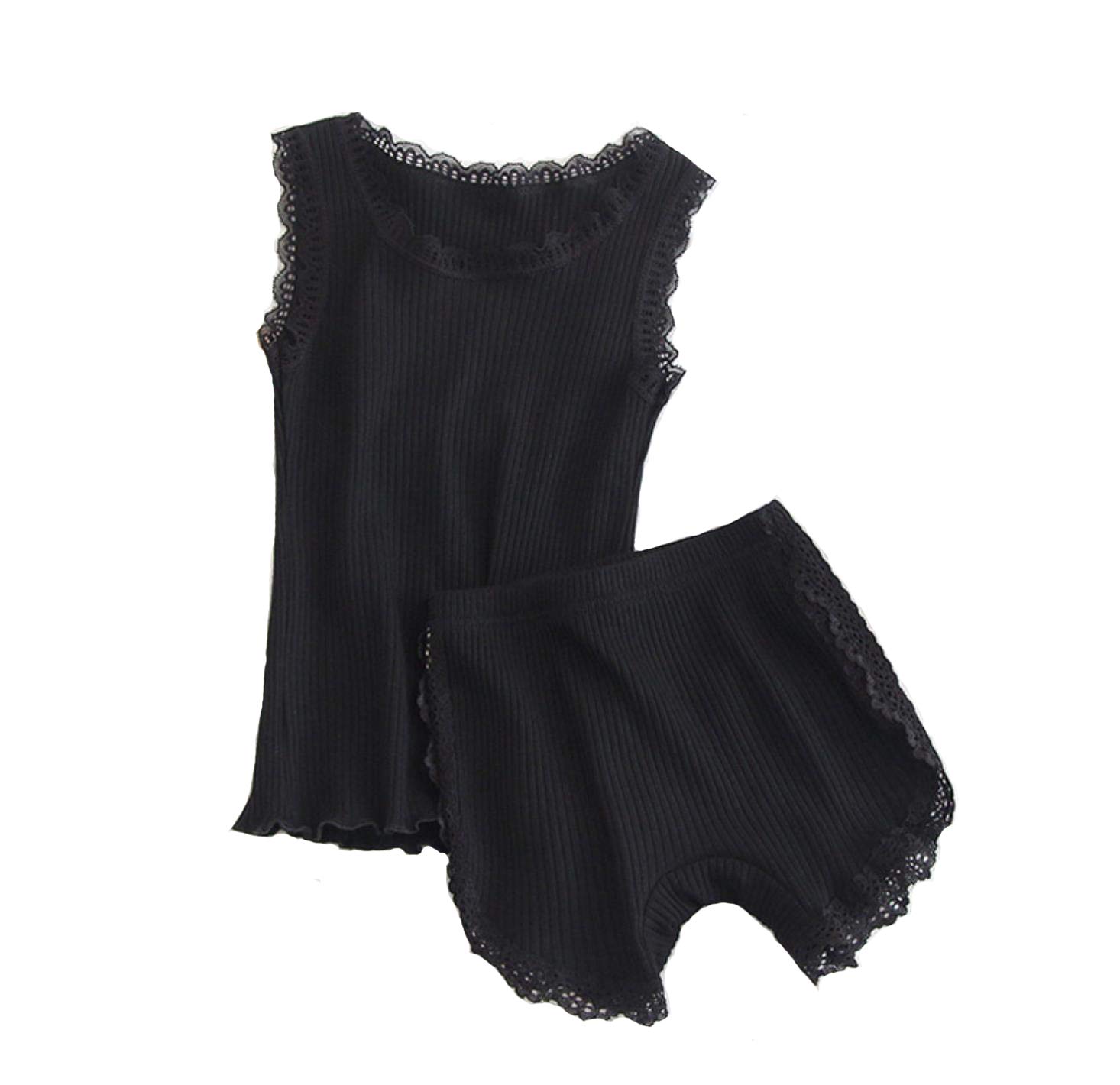 【送料無料】[VIISEN] 女の子 キャミソール タンクトップ+スパッツ オーバーパンツ 上下セット キッズ 女児 子供用 可愛い レース キャンディカラー 無地 部屋着 通学 100 110 120 130 140 150 160cm 色：ブラック、サイズ：140