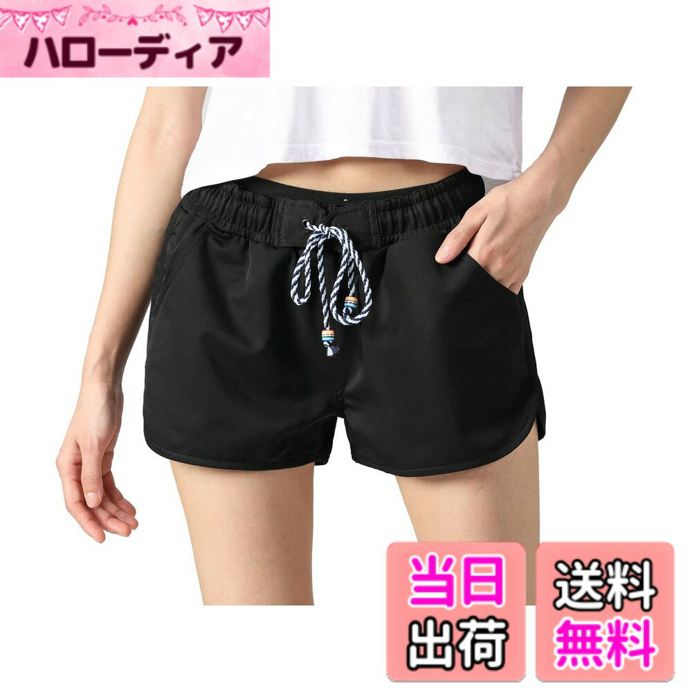 【送料無料】[MeadowTom] ビーチパンツ サーフパンツ メンズ レディンス 子供 カップルペアルック 親子お揃い 海水パンツ ボードショーツ スイムウェア 水陸両用 速乾水着 UPF50+ UVカット99.9％ 色：レディース 黒、サイズ：XS