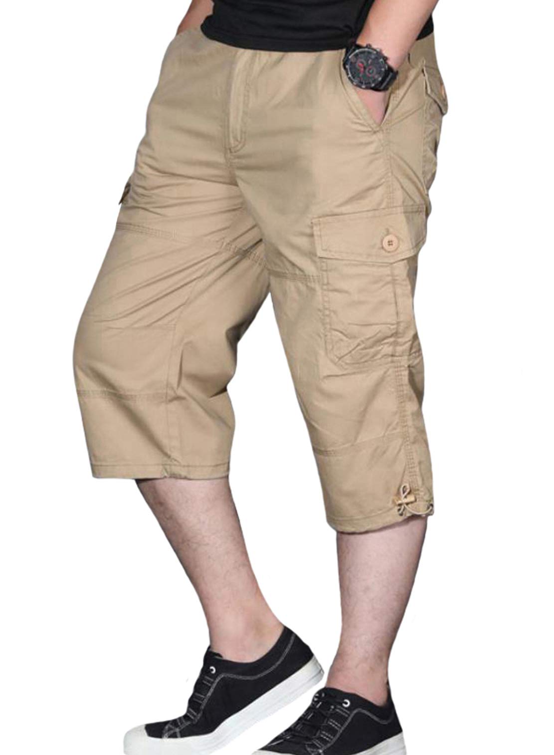 【送料無料】ODFMCE カーゴパンツ メンズ 7分丈 無地 ハーフパンツ 夏 綿 おしゃれ ゆったり 大きいサイズ 色：カーキ、サイズ：XL