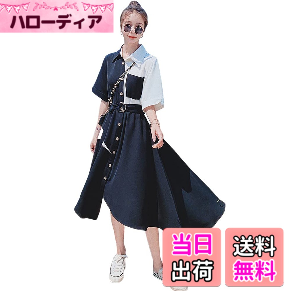 【送料無料】[Vilaria] ワンピース レディース シャツワンピース Aライン 切り替え 半袖 折り襟 リボン付き 着痩せ 春 夏 おしゃれ きれいめ カジュアル 色：ブラック、サイズ：XL