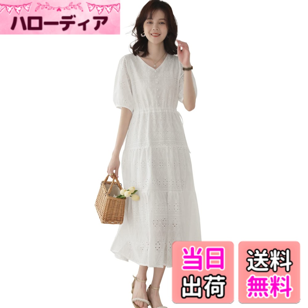 【送料無料】[Sueeya] スイーヤ ワンピース レディース ロング 刺繍 レース 半袖 フリル パフスリーブ ハイウエスト リボン 着痩せ 体型カバー おしゃれ Vネック 裏地付き 女子会 デート お出かけ 夏 色：ホワイト、サイズ：2XL