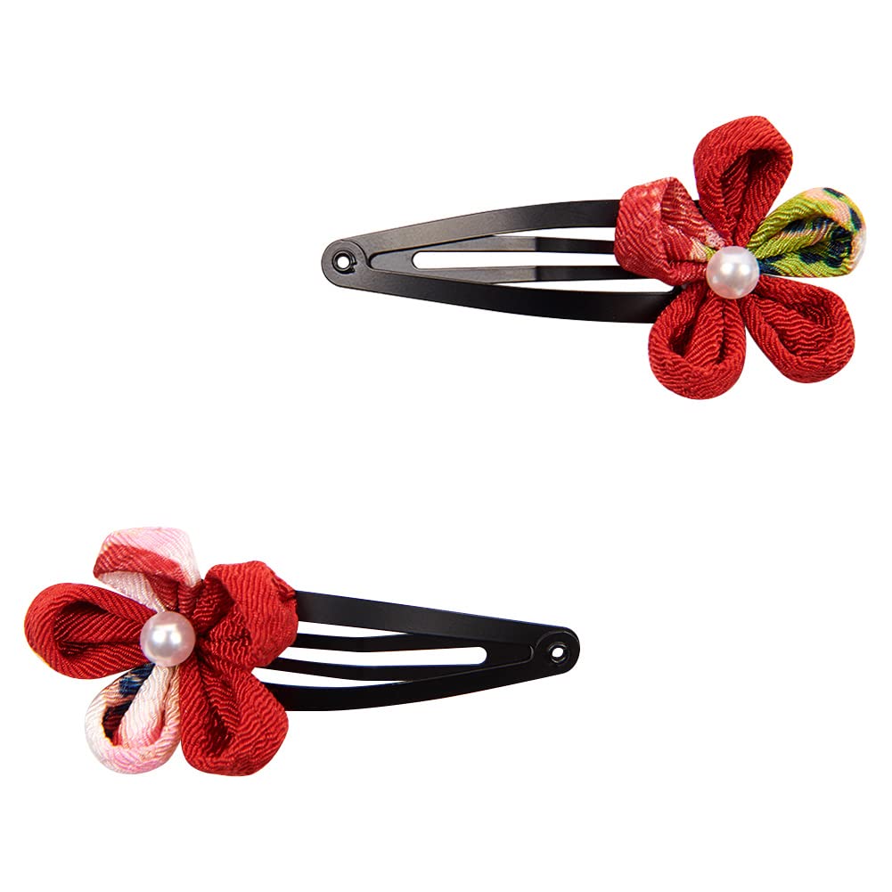 【送料無料】OTAKUMARKET 七五三 髪飾り 成人式 振袖 浴衣 和装 つまみ細工 髪 飾り 着物 髪飾り 袴 卒業式 結婚式 セット 三歳 七歳 女の子 ガールズ 5タイプ 4カラー 色：Eタイプ花2個 (赤)、サイズ：F