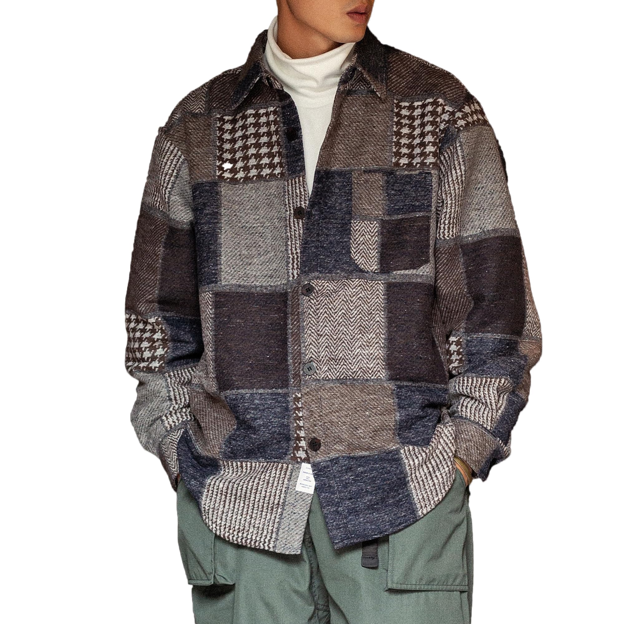 【送料無料】[CHANGE WELL] メンズ ファッション 長袖シャツ 秋服 レトロ 切り替えデザイン 厚手 パッチワーク ツイードチェック 春秋冬アウター 色：ブルー、サイズ：XL