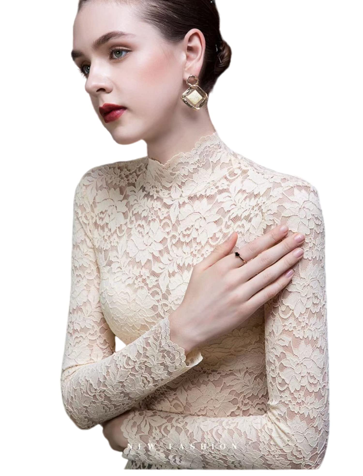 【送料無料】[UMIYI] 総レース トップス バルーンスリーブ 透かし 花柄レース シャツ カットソー ハイネック 透け感 刺繍ブラウス 長袖 ストレッチ インナー レイヤード シアートップス スカラップ ベーシック セクシー上品 色：総レース-ベージュ、サイズ：L